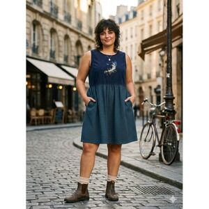 Bobbie Brooks Vintage Navy Cotton Plaid Bluebird Jumper Dress XL 16/18 Teacher